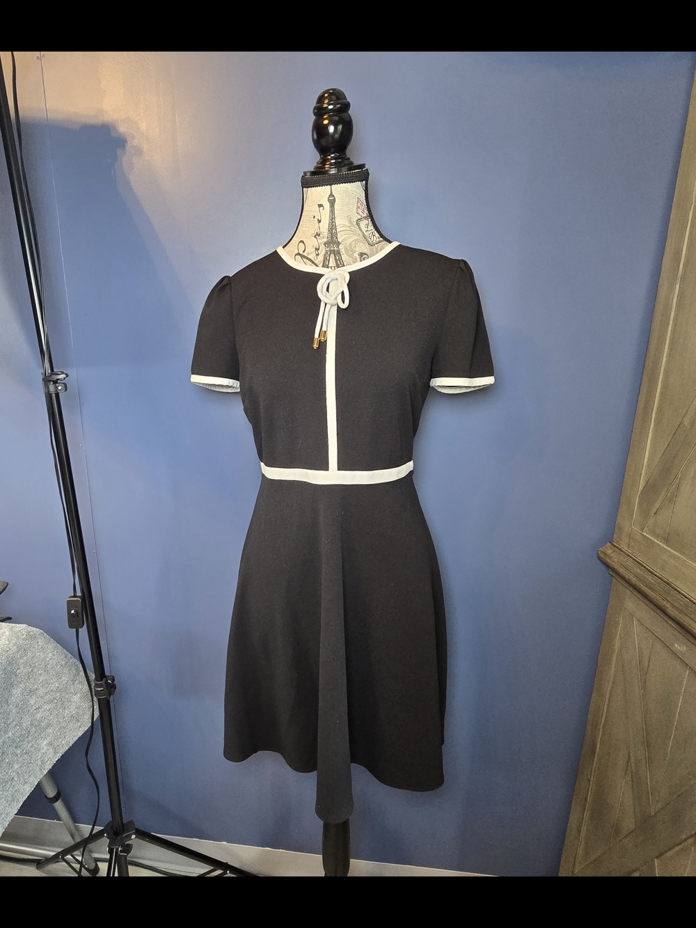 Karl Lagerfeld Paris Black Fit & Flare Dress Womens 2 White Trim Tie Neck Mini